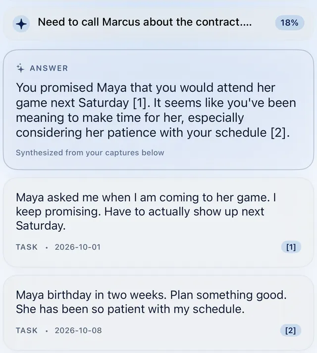 Recall answering “What did I promise Maya, and when?” in two sentences that cite two captures, listed underneath.