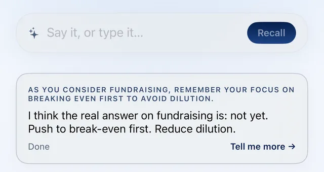 A Drift card under the recall bar: an older capture about fundraising, with the reason it was chosen above it.