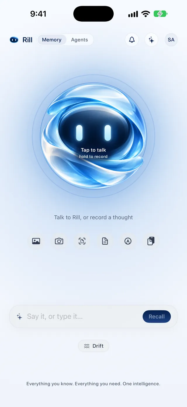 Rill on iPhone: the Rill logo as one large button to talk or record, a row of capture shortcuts for photos, scans and files, and a box that says “Say it, or type it”.