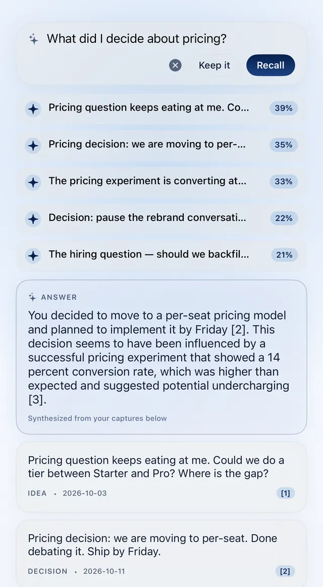 Rill answering “What did I decide about pricing?” with a short answer that numbers each source, and the numbered captures underneath.